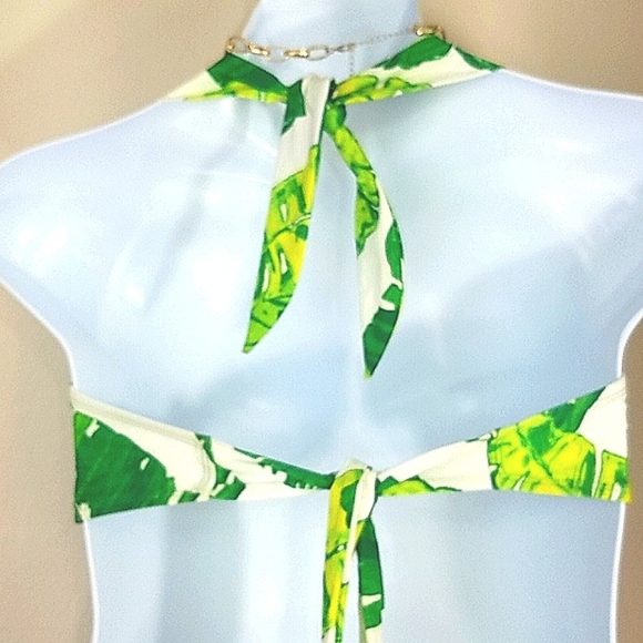 Top bikini halter crop Palm Leaf print tie white - Picture 2 of 4
